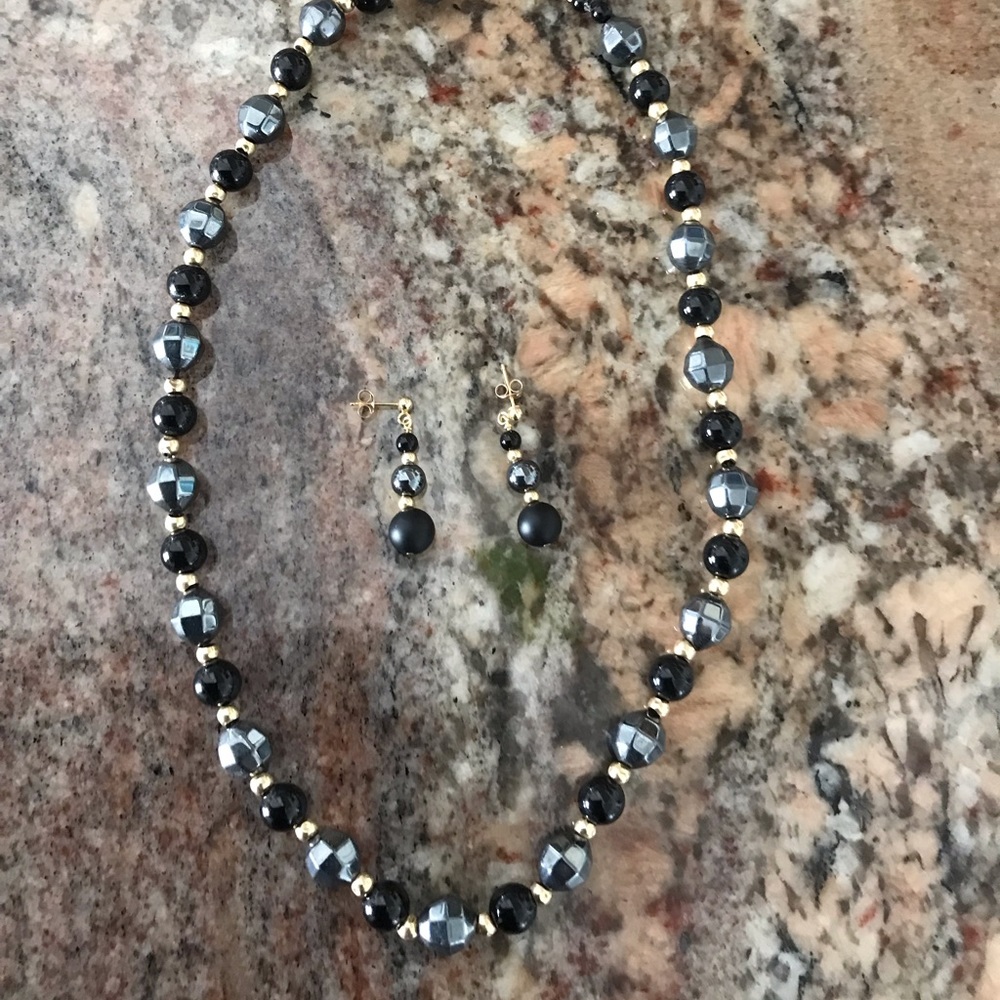 Onyx and Hematite Necklace and Earring Set
